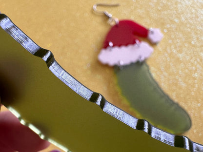 Christmas Pickle Earrings: Laser Cut Acrylic Pickles with Santa Hat, Pickle Jar, Xmas, Cartoon, Food Earrings, Best Gifts for Her/Him/Them