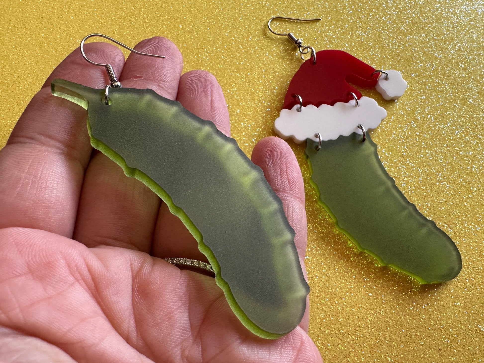 Christmas Pickle Earrings: Laser Cut Acrylic Pickles with Santa Hat, Pickle Jar, Xmas, Cartoon, Food Earrings, Best Gifts for Her/Him/Them