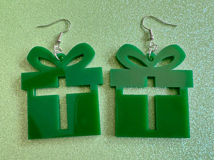 Christmas Present Earrings: Laser Cut Acrylic Presents, Xmas, X-mas, Birthday, Green Earrings, Gifts for Her/Him/Them