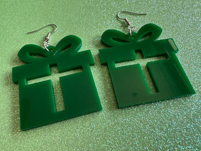 Christmas Present Earrings: Laser Cut Acrylic Presents, Xmas, X-mas, Birthday, Green Earrings, Gifts for Her/Him/Them