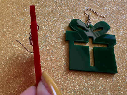Christmas Present Earrings: Laser Cut Acrylic Presents, Xmas, X-mas, Birthday, Green Earrings, Gifts for Her/Him/Them
