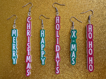 Christmas Text Earrings: Laser Cut Acrylic Holiday Earrings, Xmas, X-mas, Winter, Santa Claus, Presents, Best Gifts for Her/Him/Them