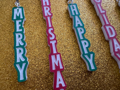 Christmas Text Earrings: Laser Cut Acrylic Holiday Earrings, Xmas, X-mas, Winter, Santa Claus, Presents, Best Gifts for Her/Him/Them