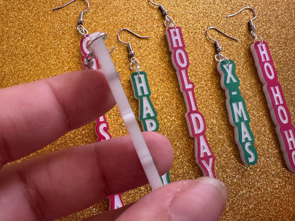 Christmas Text Earrings: Laser Cut Acrylic Holiday Earrings, Xmas, X-mas, Winter, Santa Claus, Presents, Best Gifts for Her/Him/Them