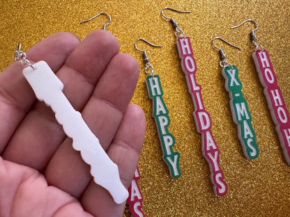 Christmas Text Earrings: Laser Cut Acrylic Holiday Earrings, Xmas, X-mas, Winter, Santa Claus, Presents, Best Gifts for Her/Him/Them