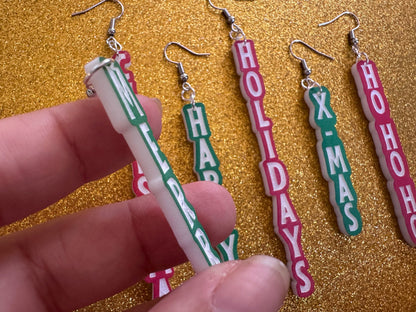 Christmas Text Earrings: Laser Cut Acrylic Holiday Earrings, Xmas, X-mas, Winter, Santa Claus, Presents, Best Gifts for Her/Him/Them