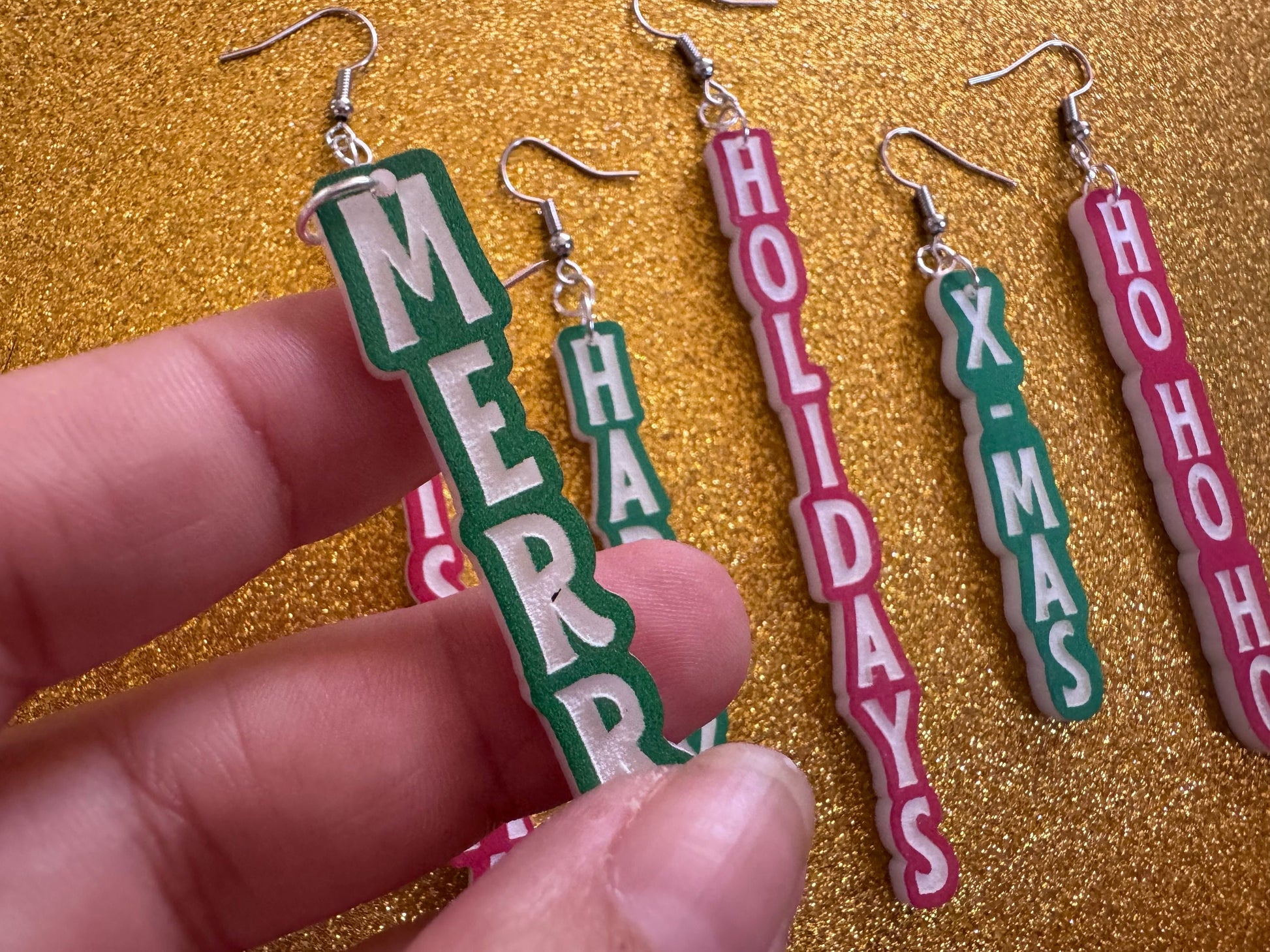 Christmas Text Earrings: Laser Cut Acrylic Holiday Earrings, Xmas, X-mas, Winter, Santa Claus, Presents, Best Gifts for Her/Him/Them