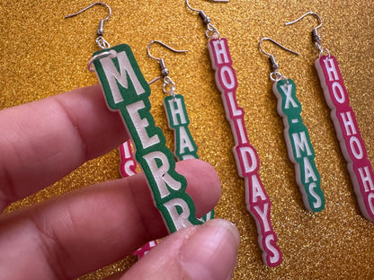 Christmas Text Earrings: Laser Cut Acrylic Holiday Earrings, Xmas, X-mas, Winter, Santa Claus, Presents, Best Gifts for Her/Him/Them