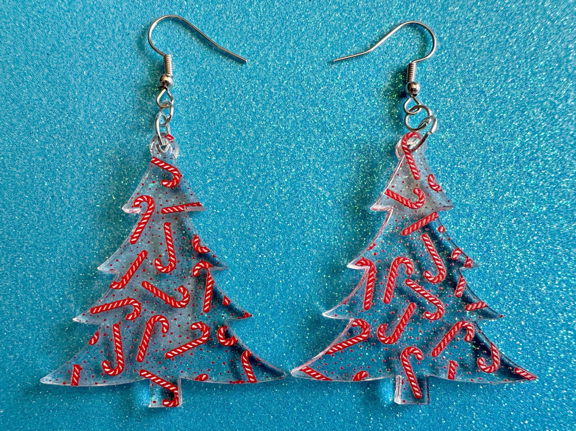 Christmas Tree Earrings: Laser Cut Acrylic Christmas Trees with Fairy Lights, Candy Canes, X-mas, Xmas, Winter, Gifts for Her/Him/Them