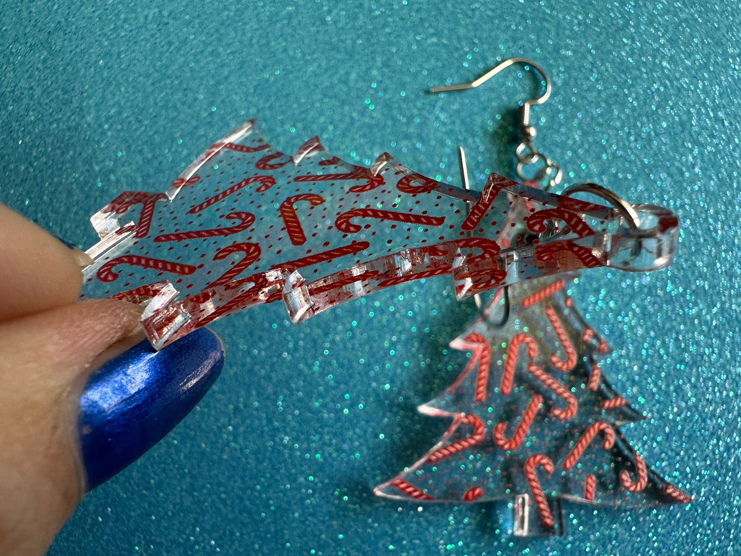 Christmas Tree Earrings: Laser Cut Acrylic Christmas Trees with Fairy Lights, Candy Canes, X-mas, Xmas, Winter, Gifts for Her/Him/Them