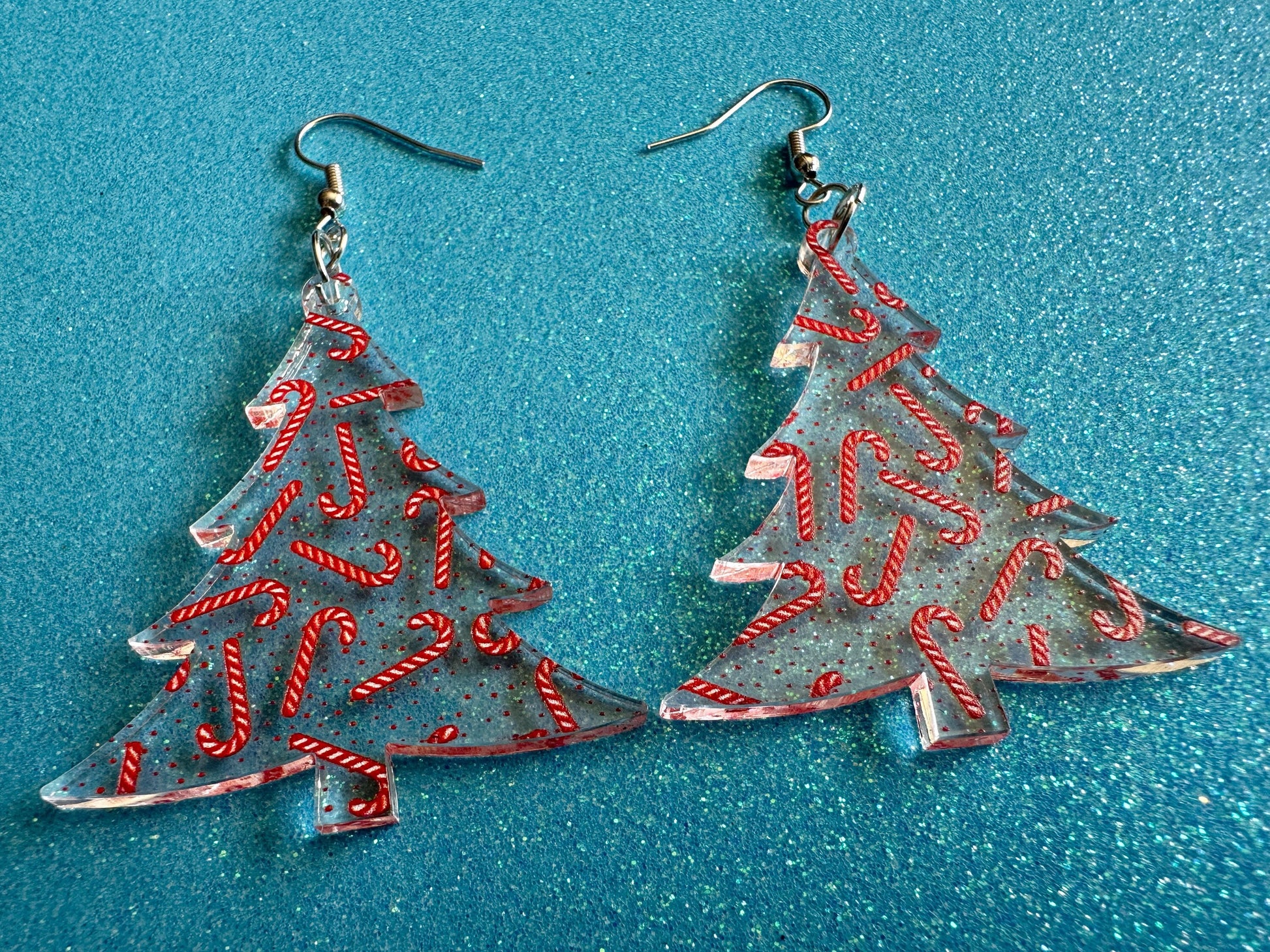 Christmas Tree Earrings: Laser Cut Acrylic Christmas Trees with Fairy Lights, Candy Canes, X-mas, Xmas, Winter, Gifts for Her/Him/Them