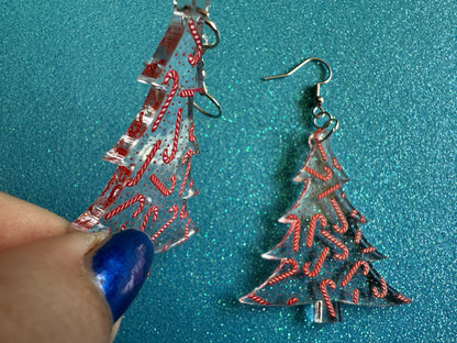 Christmas Tree Earrings: Laser Cut Acrylic Christmas Trees with Fairy Lights, Candy Canes, X-mas, Xmas, Winter, Gifts for Her/Him/Them