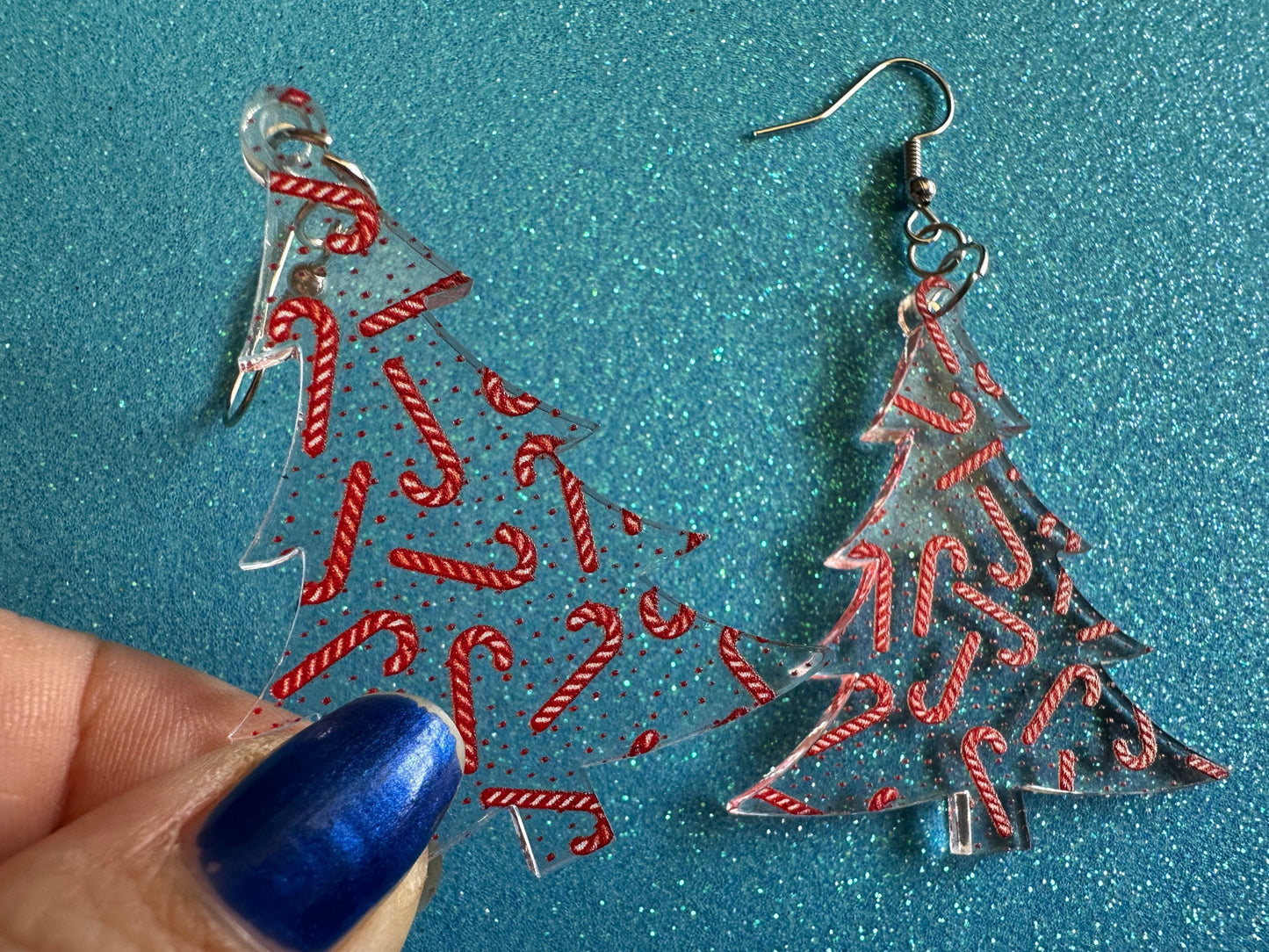 Christmas Tree Earrings: Laser Cut Acrylic Christmas Trees with Fairy Lights, Candy Canes, X-mas, Xmas, Winter, Gifts for Her/Him/Them