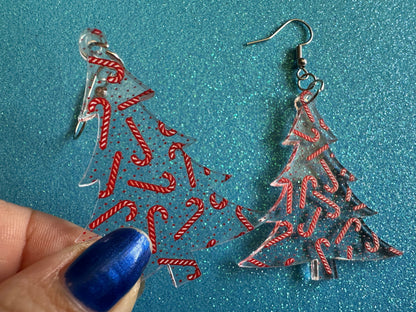 Christmas Tree Earrings: Laser Cut Acrylic Christmas Trees with Fairy Lights, Candy Canes, X-mas, Xmas, Winter, Gifts for Her/Him/Them