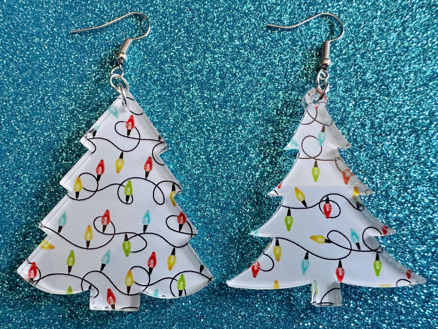 Christmas Tree Earrings: Laser Cut Acrylic Christmas Trees with Fairy Lights, Christmas Lights, Xmas, Winter, Gifts for Her/Him/Them