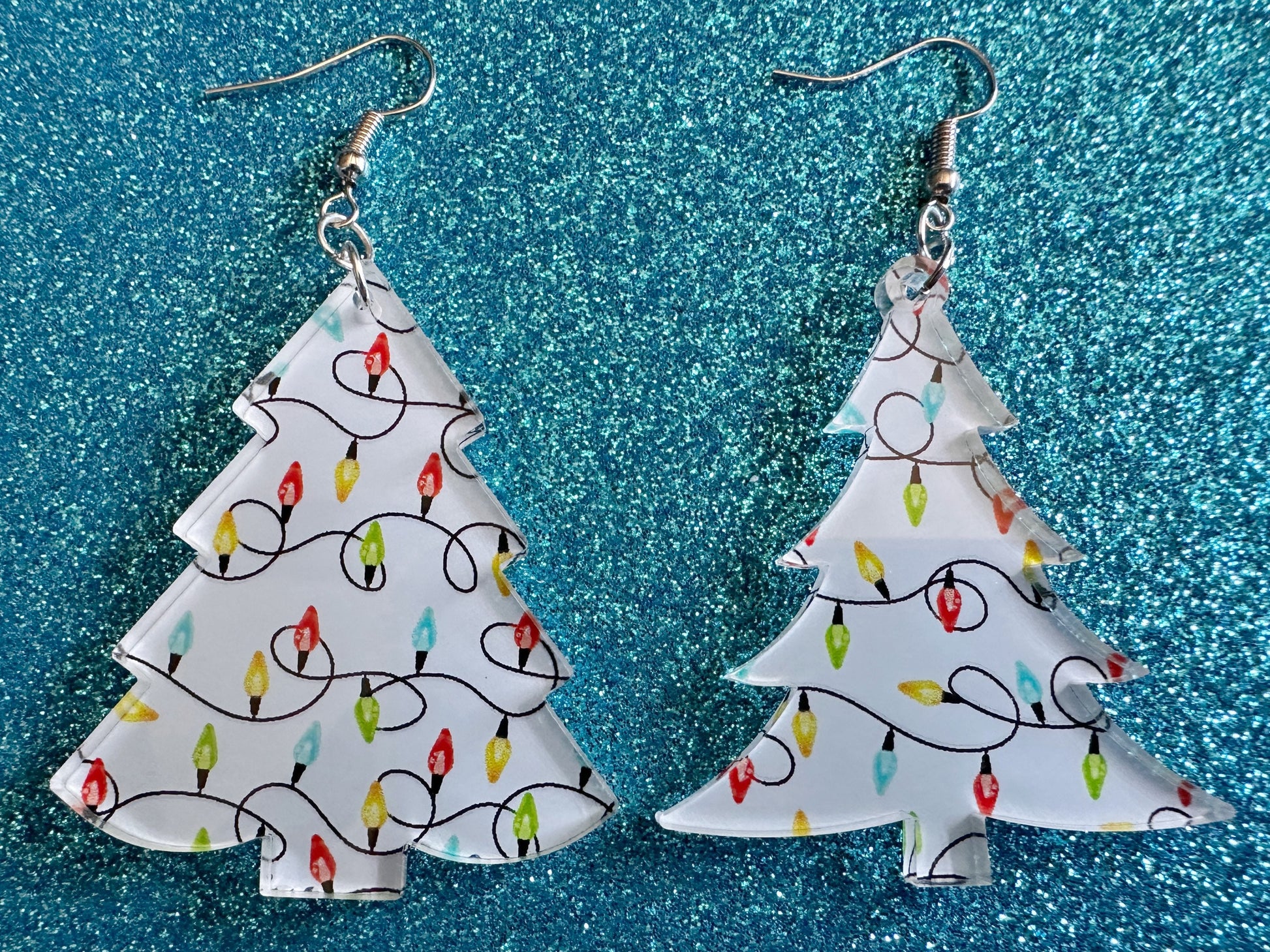 Christmas Tree Earrings: Laser Cut Acrylic Christmas Trees with Fairy Lights, Christmas Lights, Xmas, Winter, Gifts for Her/Him/Them