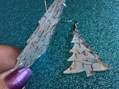 Christmas Tree Earrings: Laser Cut Acrylic Christmas Trees with Fairy Lights, Christmas Lights, Xmas, Winter, Gifts for Her/Him/Them