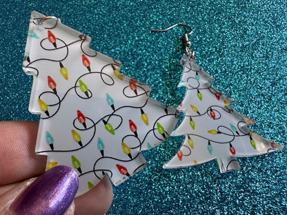 Christmas Tree Earrings: Laser Cut Acrylic Christmas Trees with Fairy Lights, Christmas Lights, Xmas, Winter, Gifts for Her/Him/Them