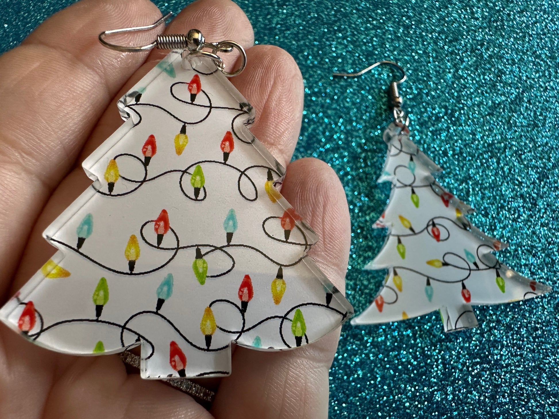 Christmas Tree Earrings: Laser Cut Acrylic Christmas Trees with Fairy Lights, Christmas Lights, Xmas, Winter, Gifts for Her/Him/Them