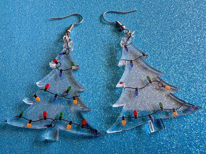 Christmas Tree Earrings: Laser Cut Acrylic Christmas Trees with Fairy Lights, Christmas Lights, Xmas, X-mas, Best Gifts for Her/Him/Them