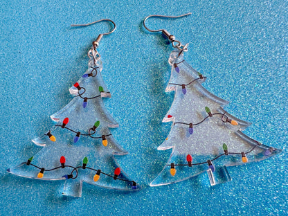 Christmas Tree Earrings: Laser Cut Acrylic Christmas Trees with Fairy Lights, Christmas Lights, Xmas, X-mas, Best Gifts for Her/Him/Them