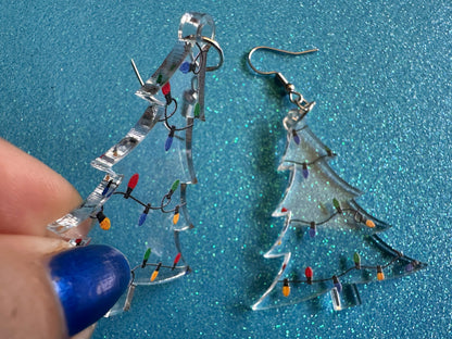 Christmas Tree Earrings: Laser Cut Acrylic Christmas Trees with Fairy Lights, Christmas Lights, Xmas, X-mas, Best Gifts for Her/Him/Them