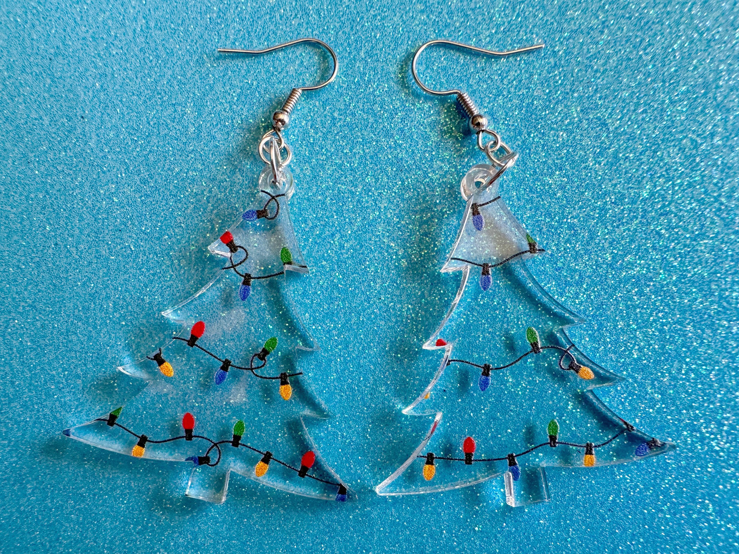 Christmas Tree Earrings: Laser Cut Acrylic Christmas Trees with Fairy Lights, Christmas Lights, Xmas, X-mas, Best Gifts for Her/Him/Them