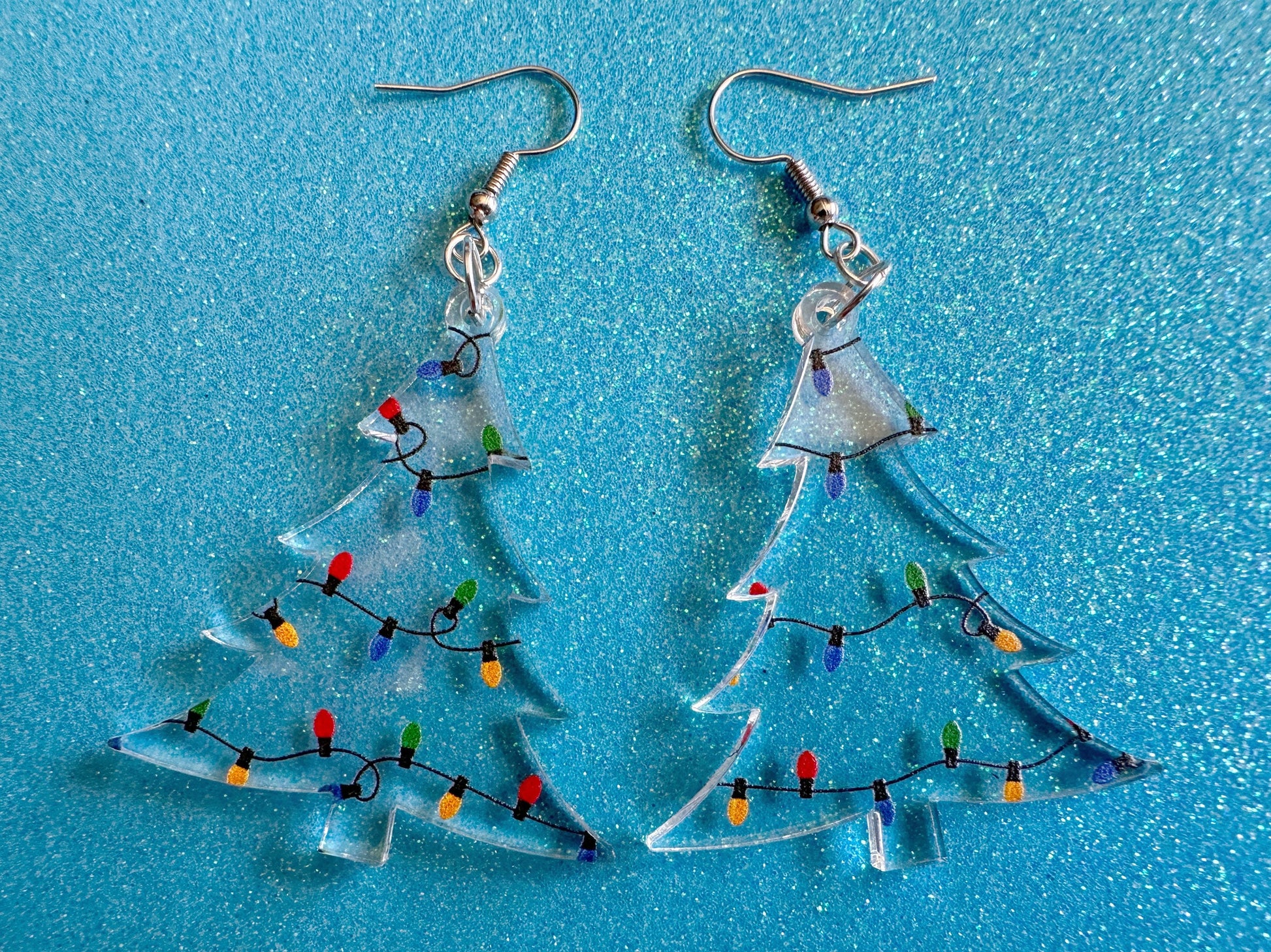 Christmas Tree Earrings: Laser Cut Acrylic Christmas Trees with Fairy Lights, Christmas Lights, Xmas, X-mas, Best Gifts for Her/Him/Them