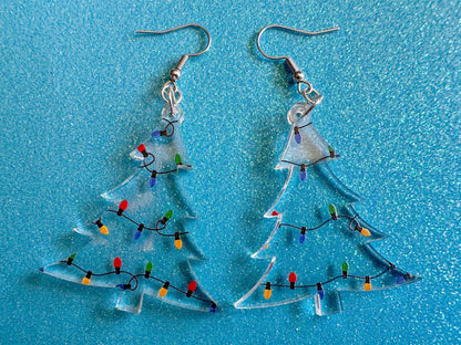 Christmas Tree Earrings: Laser Cut Acrylic Christmas Trees with Fairy Lights, Christmas Lights, Xmas, X-mas, Best Gifts for Her/Him/Them