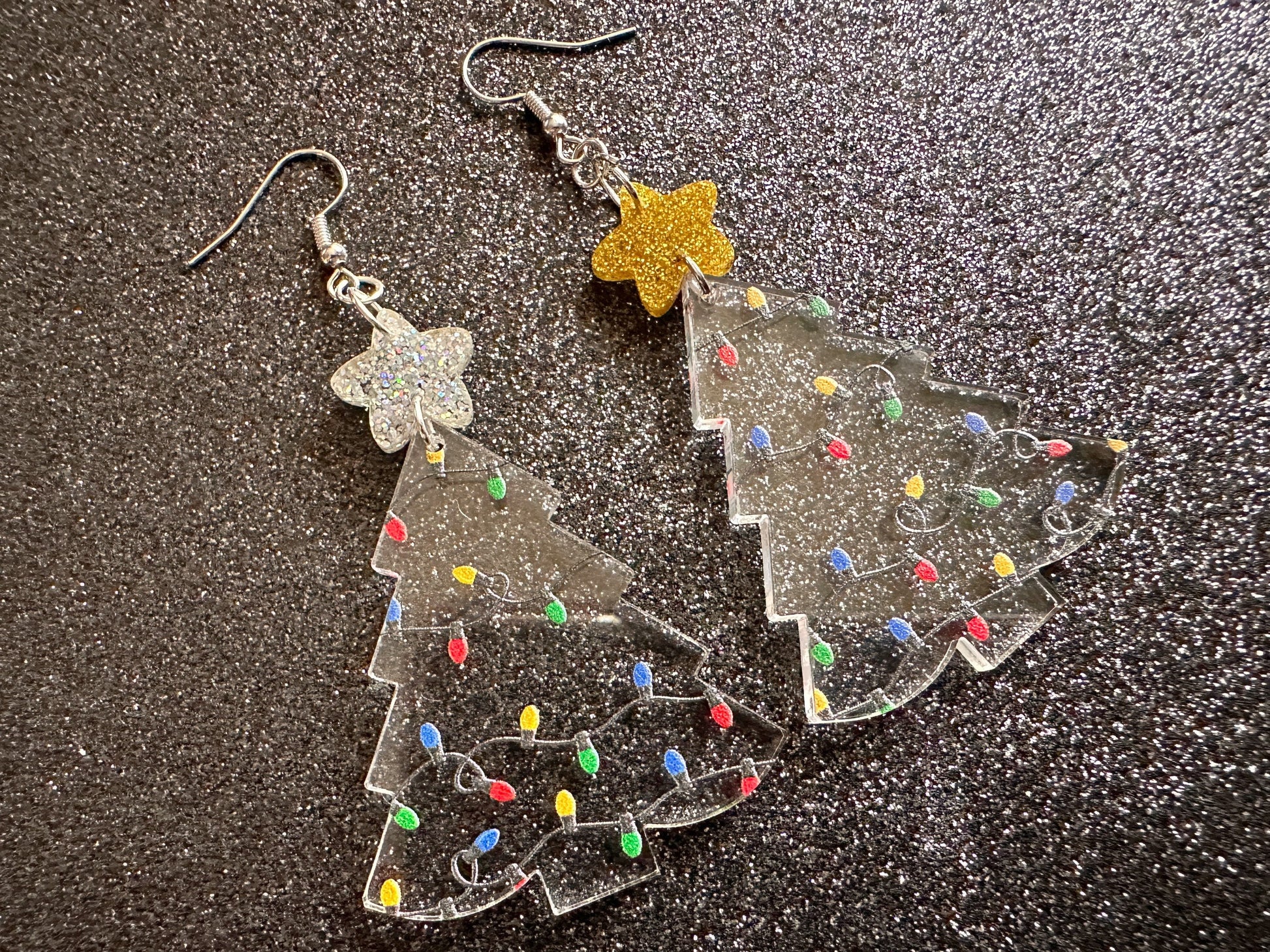 Christmas Tree Earrings: Laser Cut Acrylic Christmas Trees with Fairy Lights, Christmas Lights, Xmas, X-mas, Winter, Gifts for Her/Him/Them