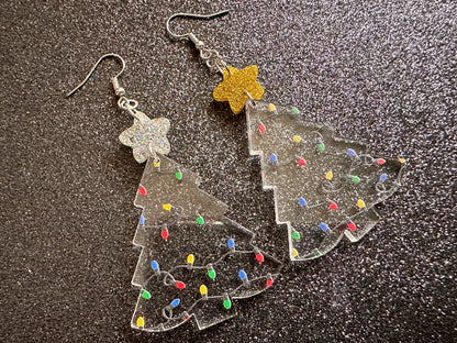 Christmas Tree Earrings: Laser Cut Acrylic Christmas Trees with Fairy Lights, Christmas Lights, Xmas, X-mas, Winter, Gifts for Her/Him/Them