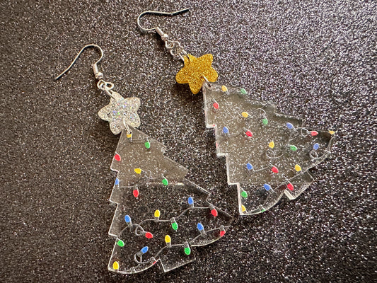 Christmas Tree Earrings: Laser Cut Acrylic Christmas Trees with Fairy Lights, Christmas Lights, Xmas, X-mas, Winter, Gifts for Her/Him/Them