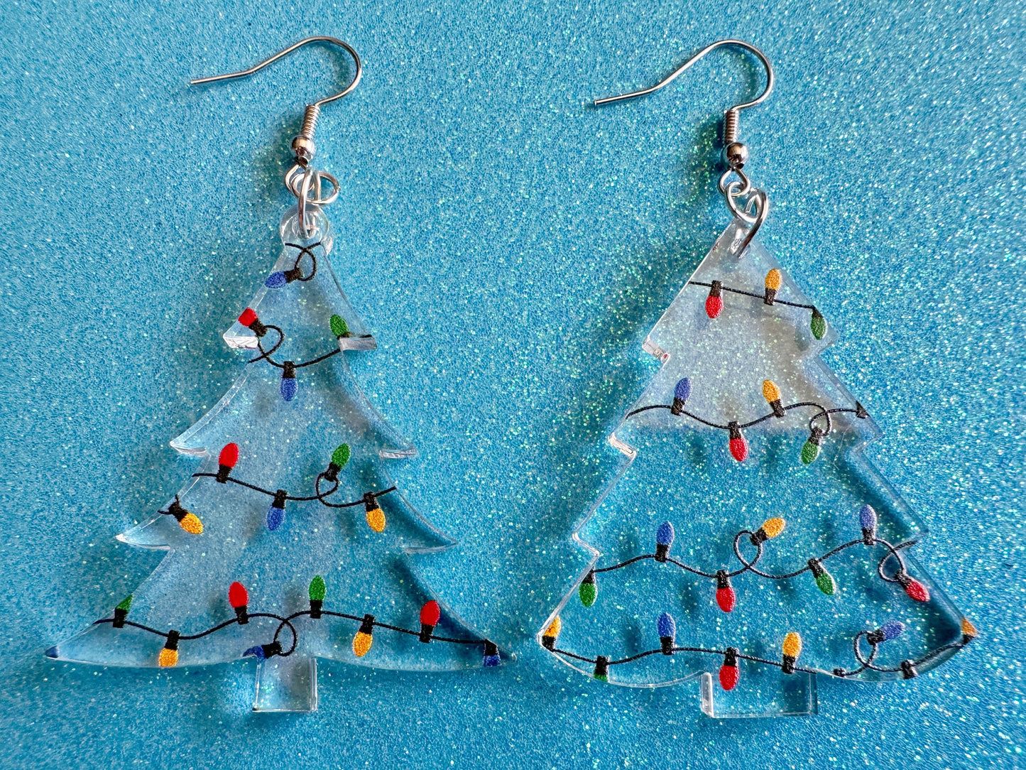 Christmas Tree Earrings: Laser Cut Acrylic Christmas Trees with Fairy Lights, Christmas Lights, Xmas, X-mas, Winter, Gifts for Her/Him/Them