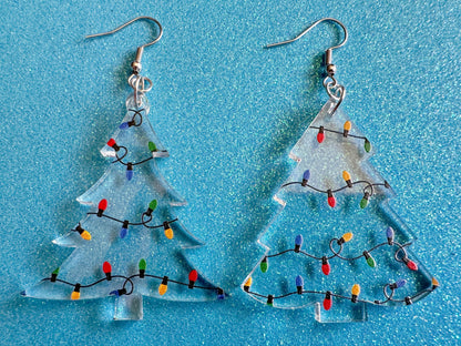 Christmas Tree Earrings: Laser Cut Acrylic Christmas Trees with Fairy Lights, Christmas Lights, Xmas, X-mas, Winter, Gifts for Her/Him/Them