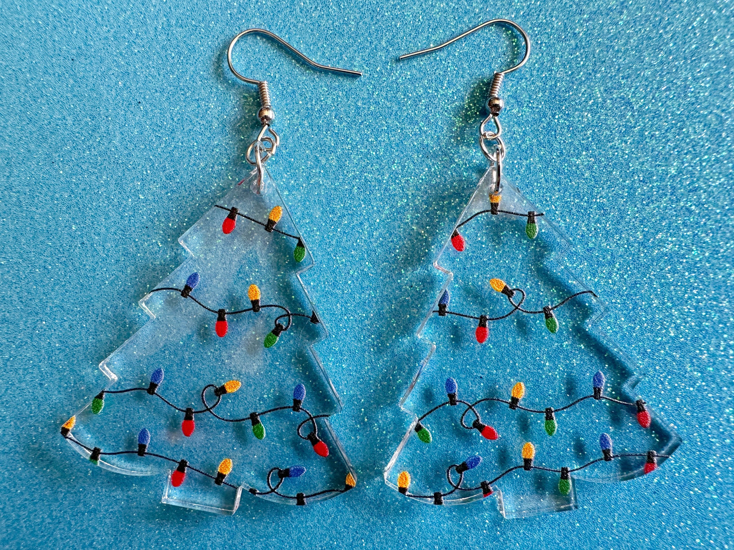 Christmas Tree Earrings: Laser Cut Acrylic Christmas Trees with Fairy Lights, Christmas Lights, Xmas, X-mas, Winter, Gifts for Her/Him/Them