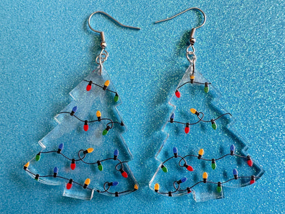 Christmas Tree Earrings: Laser Cut Acrylic Christmas Trees with Fairy Lights, Christmas Lights, Xmas, X-mas, Winter, Gifts for Her/Him/Them