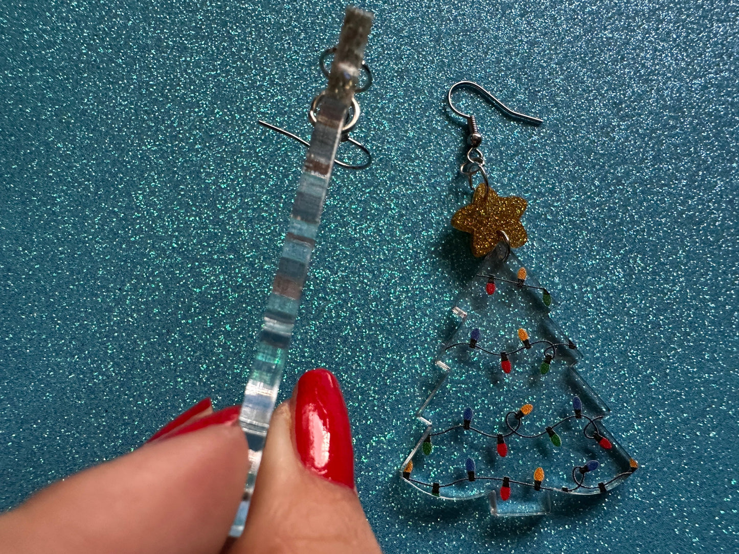 Christmas Tree Earrings: Laser Cut Acrylic Christmas Trees with Fairy Lights, Christmas Lights, Xmas, X-mas, Winter, Gifts for Her/Him/Them