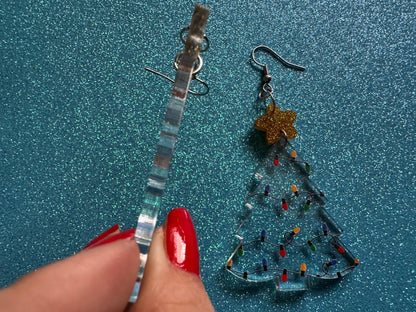 Christmas Tree Earrings: Laser Cut Acrylic Christmas Trees with Fairy Lights, Christmas Lights, Xmas, X-mas, Winter, Gifts for Her/Him/Them