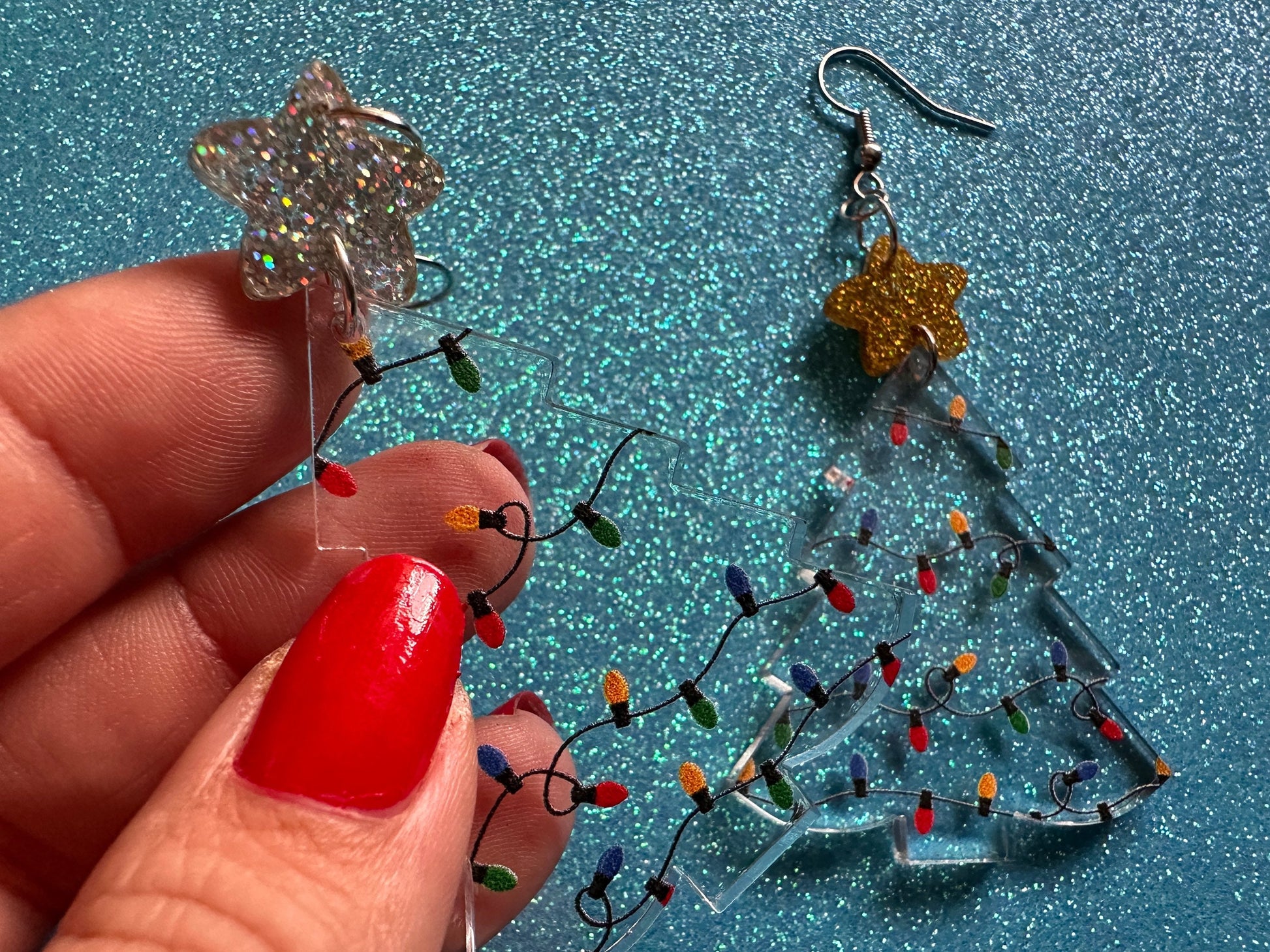 Christmas Tree Earrings: Laser Cut Acrylic Christmas Trees with Fairy Lights, Christmas Lights, Xmas, X-mas, Winter, Gifts for Her/Him/Them
