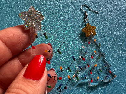 Christmas Tree Earrings: Laser Cut Acrylic Christmas Trees with Fairy Lights, Christmas Lights, Xmas, X-mas, Winter, Gifts for Her/Him/Them