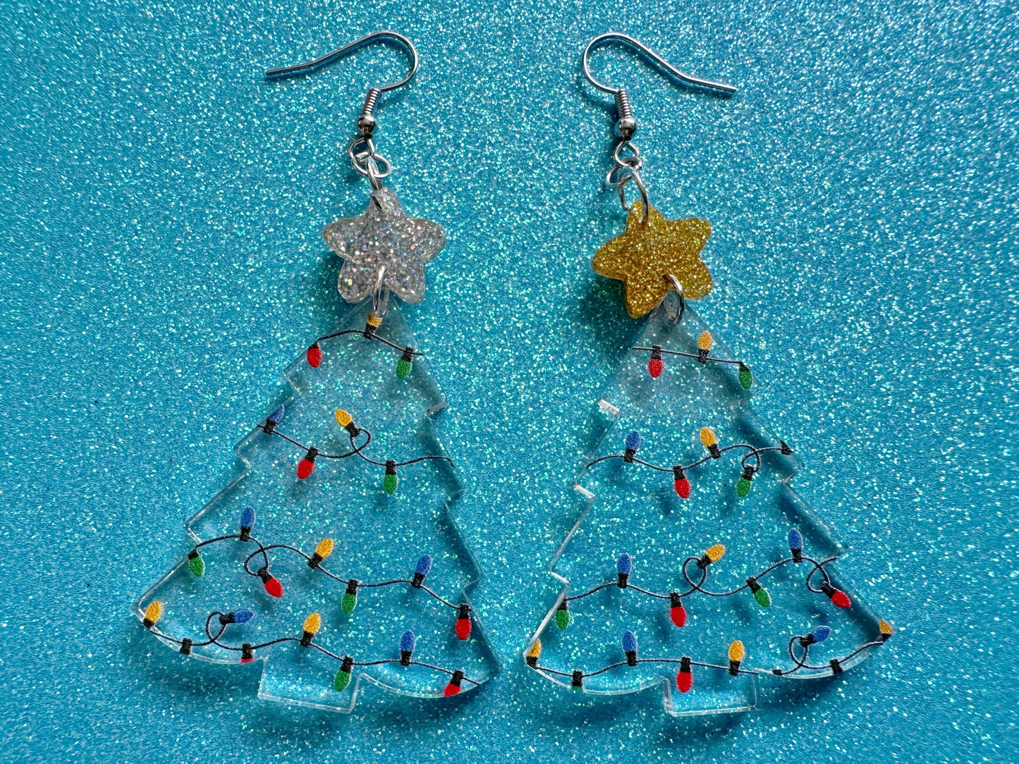 Christmas Tree Earrings: Laser Cut Acrylic Christmas Trees with Fairy Lights, Christmas Lights, Xmas, X-mas, Winter, Gifts for Her/Him/Them