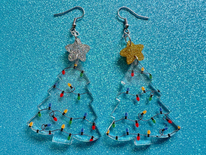 Christmas Tree Earrings: Laser Cut Acrylic Christmas Trees with Fairy Lights, Christmas Lights, Xmas, X-mas, Winter, Gifts for Her/Him/Them