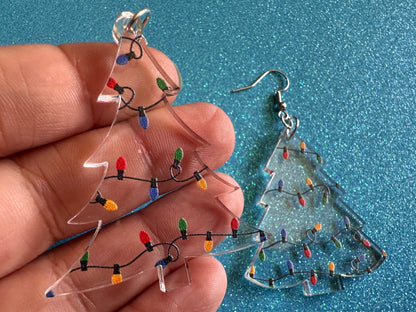Christmas Tree Earrings: Laser Cut Acrylic Christmas Trees with Fairy Lights, Christmas Lights, Xmas, X-mas, Winter, Gifts for Her/Him/Them