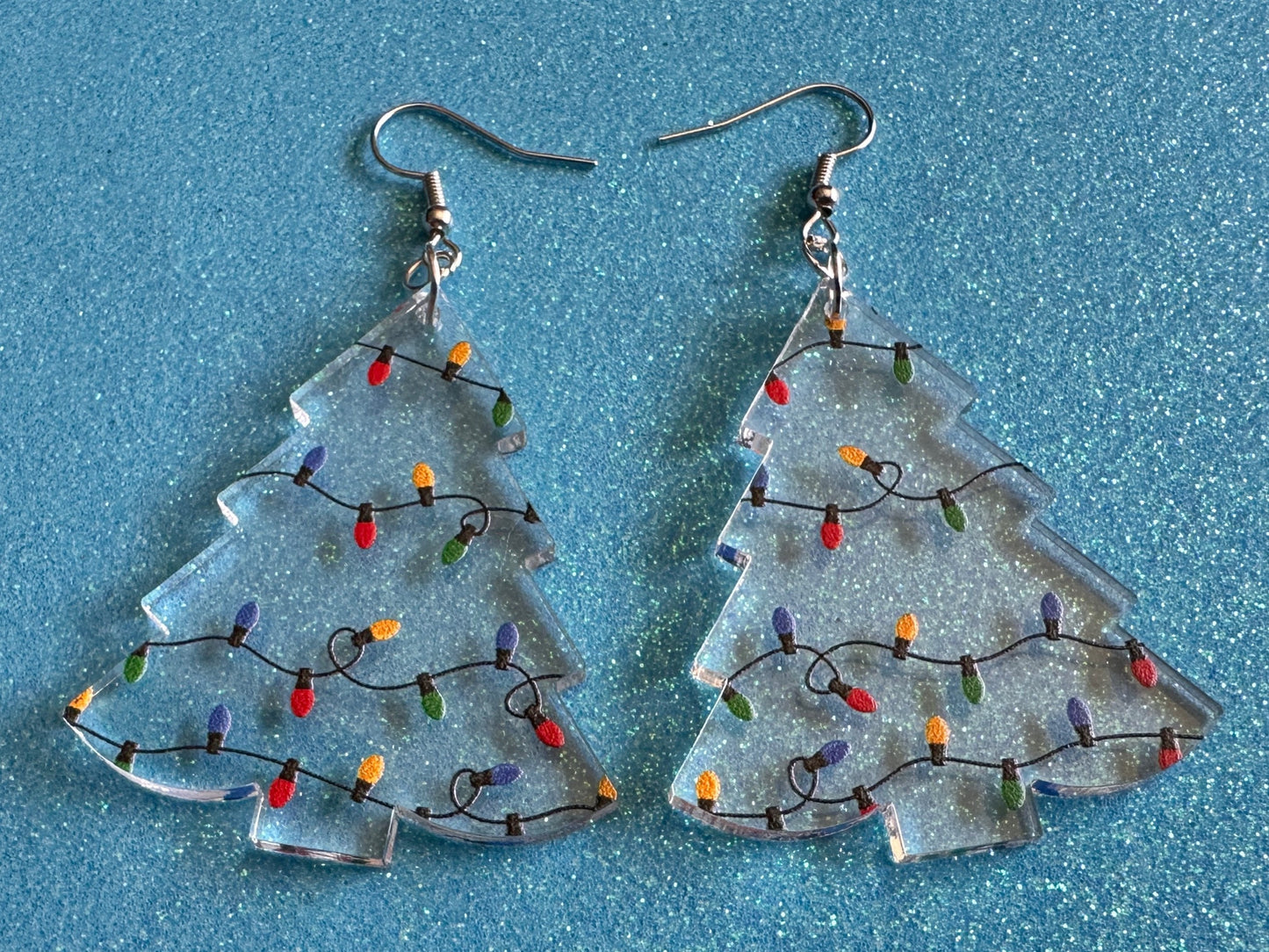 Christmas Tree Earrings: Laser Cut Acrylic Christmas Trees with Fairy Lights, Christmas Lights, Xmas, X-mas, Winter, Gifts for Her/Him/Them