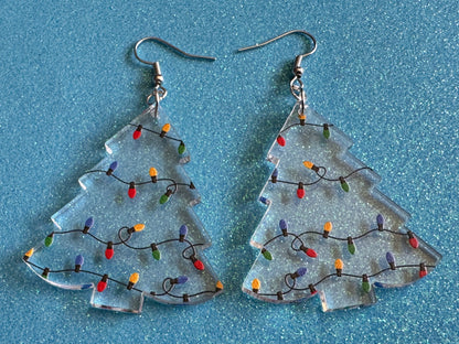 Christmas Tree Earrings: Laser Cut Acrylic Christmas Trees with Fairy Lights, Christmas Lights, Xmas, X-mas, Winter, Gifts for Her/Him/Them