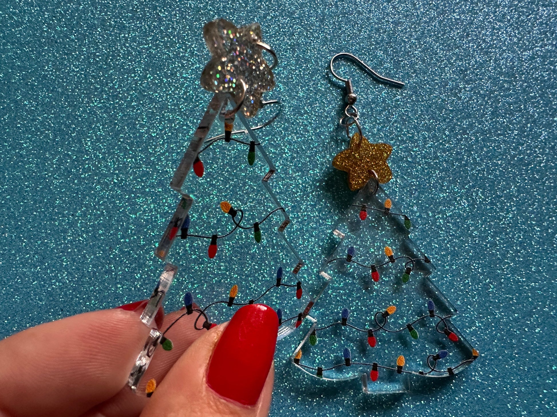 Christmas Tree Earrings: Laser Cut Acrylic Christmas Trees with Fairy Lights, Christmas Lights, Xmas, X-mas, Winter, Gifts for Her/Him/Them