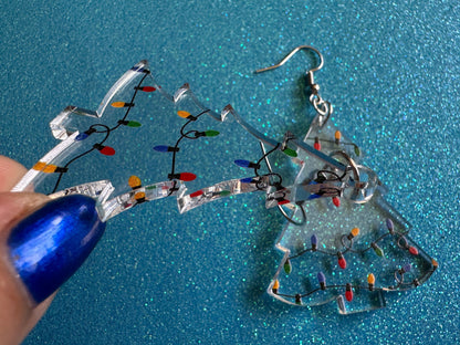 Christmas Tree Earrings: Laser Cut Acrylic Christmas Trees with Fairy Lights, Christmas Lights, Xmas, X-mas, Winter, Gifts for Her/Him/Them