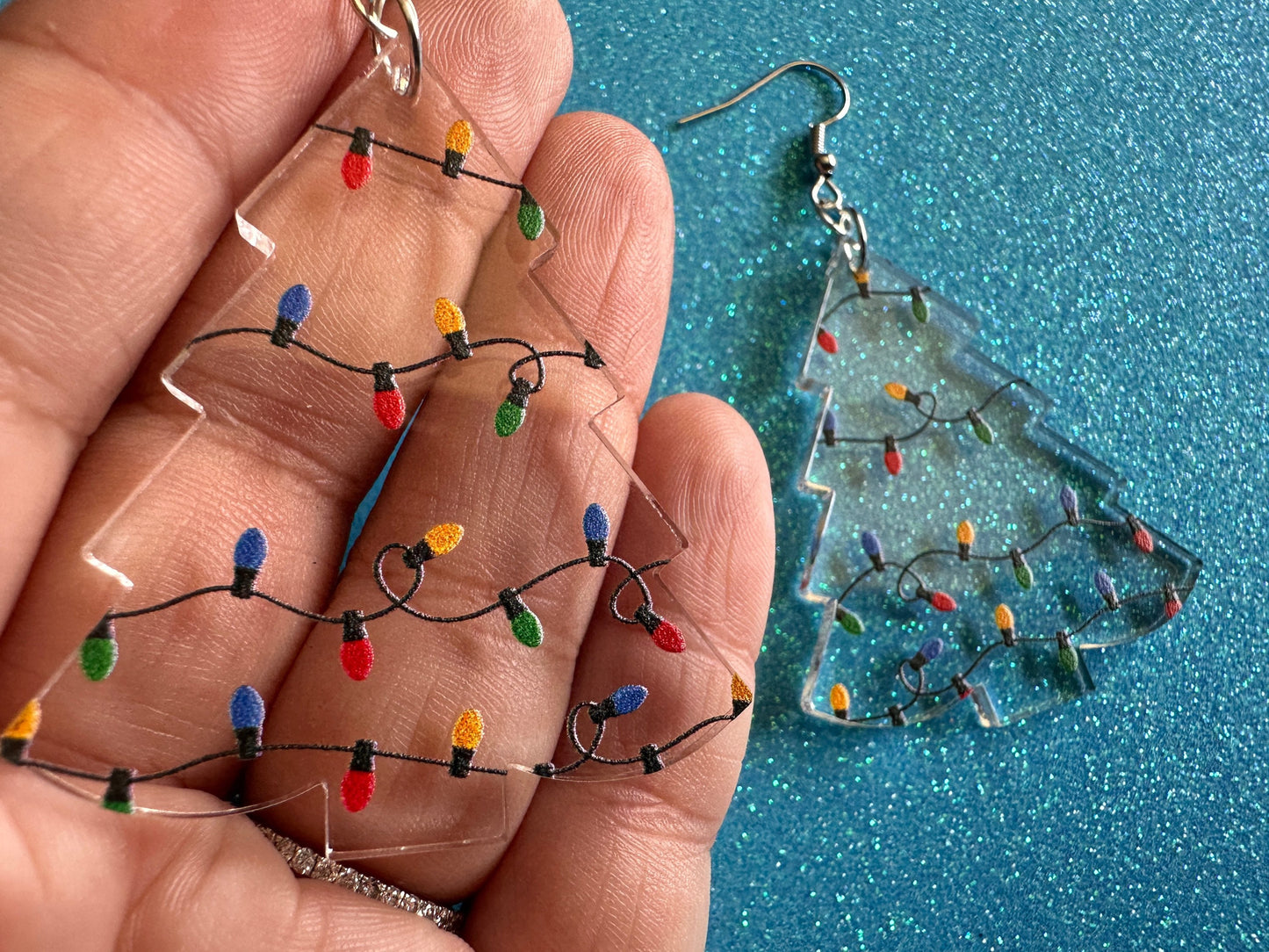 Christmas Tree Earrings: Laser Cut Acrylic Christmas Trees with Fairy Lights, Christmas Lights, Xmas, X-mas, Winter, Gifts for Her/Him/Them