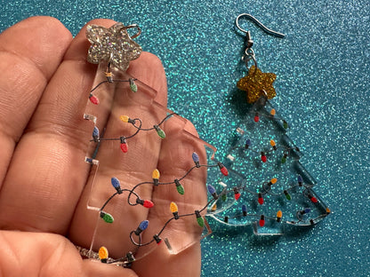 Christmas Tree Earrings: Laser Cut Acrylic Christmas Trees with Fairy Lights, Christmas Lights, Xmas, X-mas, Winter, Gifts for Her/Him/Them