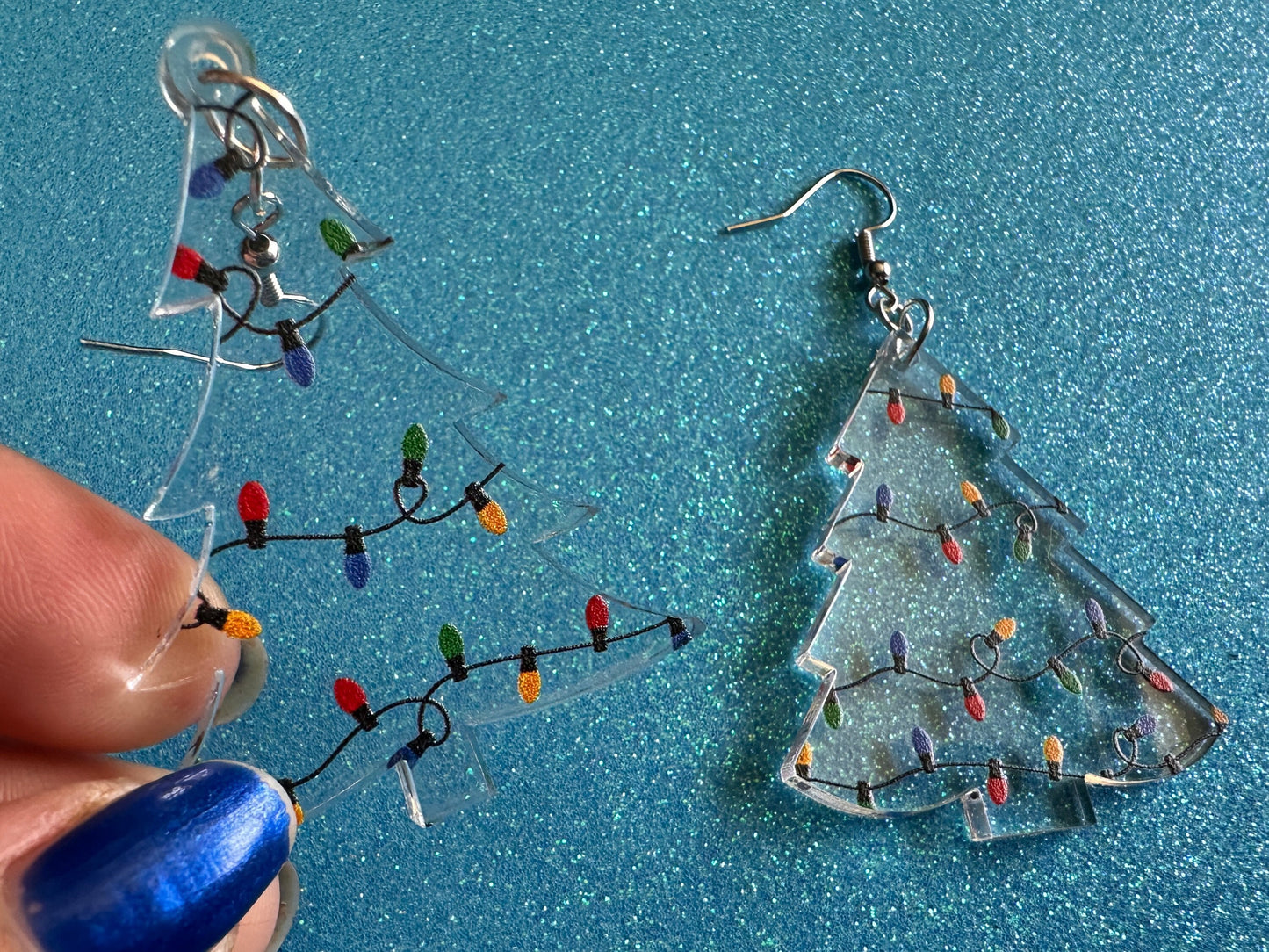 Christmas Tree Earrings: Laser Cut Acrylic Christmas Trees with Fairy Lights, Christmas Lights, Xmas, X-mas, Winter, Gifts for Her/Him/Them